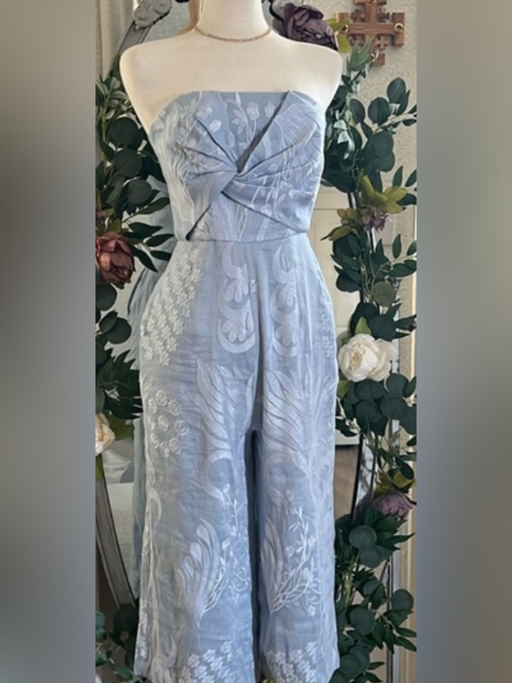 Anthropologie Aijek Silk Blend Lace embroidered Strapless Wide Leg Jumpsuit